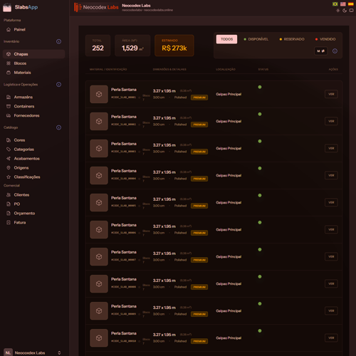Tela de estoque geral do SlabsApp com lista de chapas